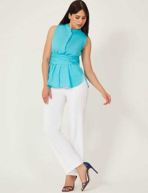 Chemise ceinturée en coton turquoise