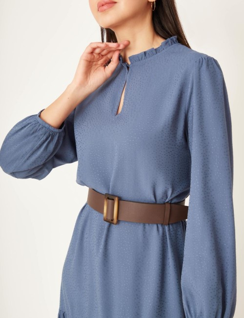 Robe en viscose bleue à col volanté