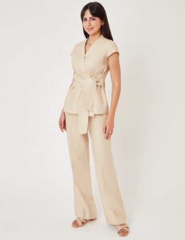 Pantalon large en lin beige