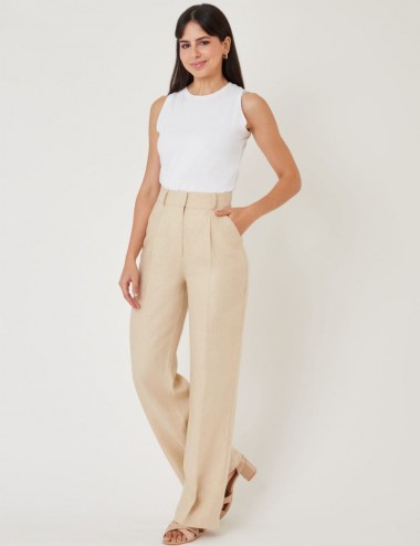 Pantalon large en lin beige