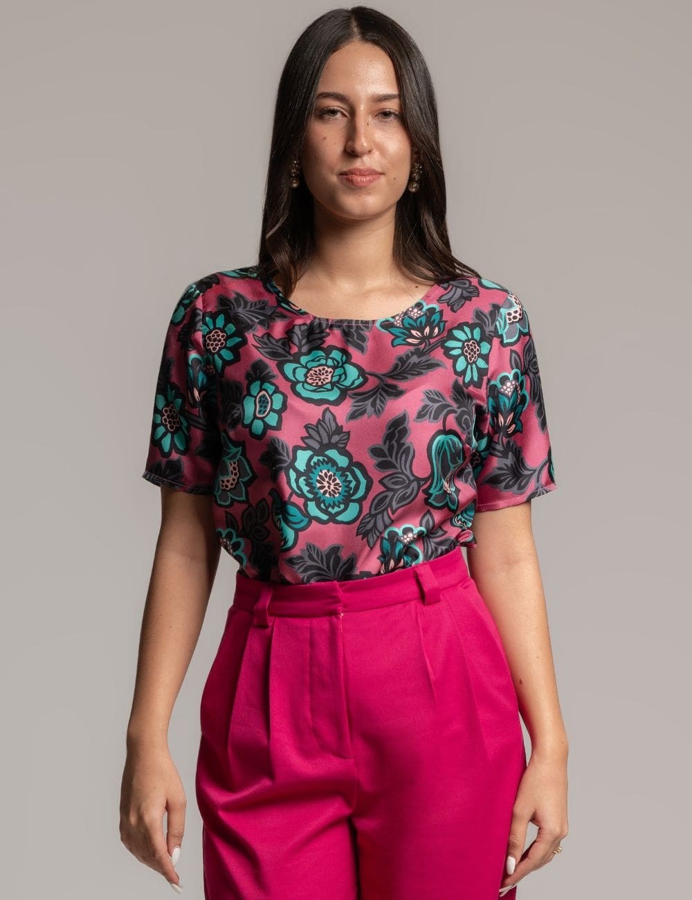 Top en soie imprimé Rose et Vert